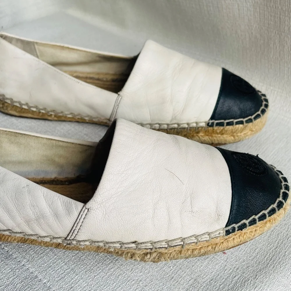 TORY BURCH Colorblock Espadrilles Leather Ivory Black Women’s